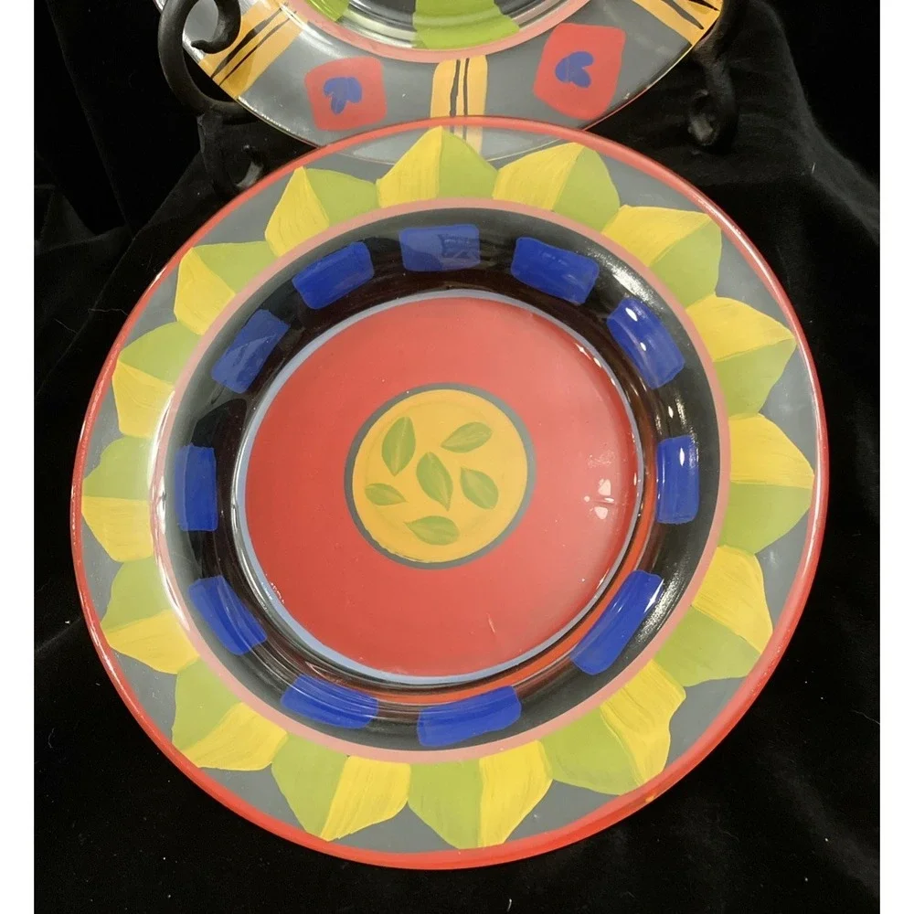 Clear Art Glass Hand Painted Vibrant Colorful Display or Dinner Plates Set of 2
